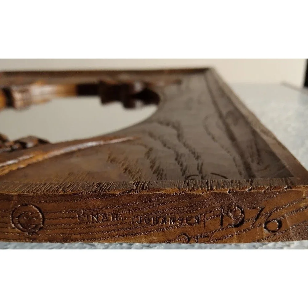 Vintage Einar Johansen Wood Carved Mirror 1976 Butterfly Daffodil Bluebells